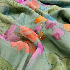 Multi-color Floral Digital Print on Mint Green Organza Fabric with Handwork