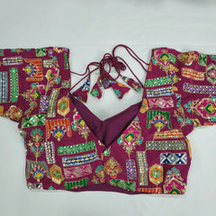 Embroidered Wine Blouse - Sweetheart Neckline with tie -up dori