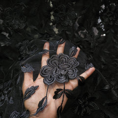 Embroidered Black Net Fabric with all over Floral Pattern
