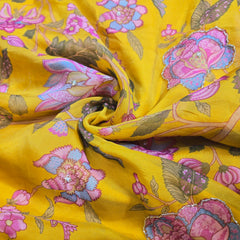 Multi-color Floral Digital Print on Mustard Organza Fabric with Handwork