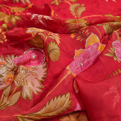 Multi-color Floral Digital Print on Red Organza Fabric with Handwork