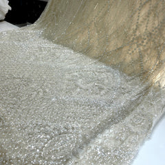 Ivory Embroidered Net Fabric with Heavy Sequins, Beads & Pearl Work