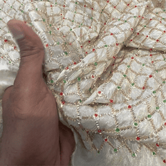 Embroidered Dyeable shimmer Tissue Fabric with Checkered Pattern Golden, Green & Red Cutdana Work