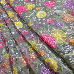 Multi-color Floral Resham work on Grey Soft Organza with Sequin Highlights