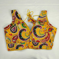 Embroidered Yellow Blouse with Attached Sleeves and V Neckline