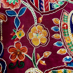 Embroidered Wine Blouse with Attached Sleeves and V Neckline