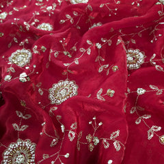 Mirha Hand Embroidered Rich Red Organza Shimmer Tissue with Floral Sequin Embroidery
