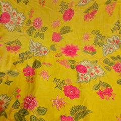 Multi-color Floral Digital Print on Pale Yellow Organza Fabric with Handwork
