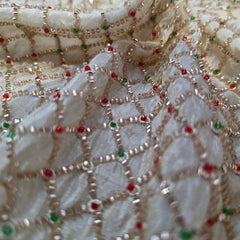 Embroidered Dyeable shimmer Tissue Fabric with Checkered Pattern Golden, Green & Red Cutdana Work