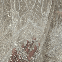 Vanilla Mocha Embroidered Net Fabric with Heavy Sequins, Beads & Pearl Work