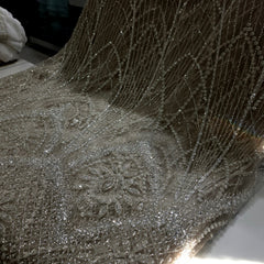 Vanilla Mocha Embroidered Net Fabric with Heavy Sequins, Beads & Pearl Work