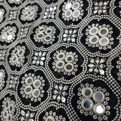 Black Georgette Fabric with Intricate White Resam Embroidery and Mirrorwork