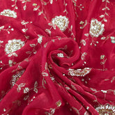 Mirha Hand Embroidered Rich Red Organza Shimmer Tissue with Floral Sequin Embroidery
