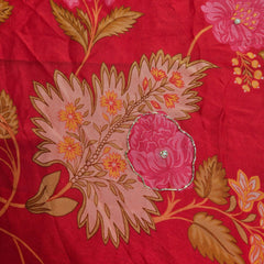 Multi-color Floral Digital Print on Red Organza Fabric with Handwork