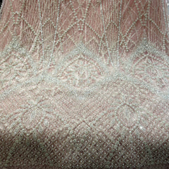 Blush Pink Embroidered Net Fabric with Heavy Sequins, Beads & Pearl Work