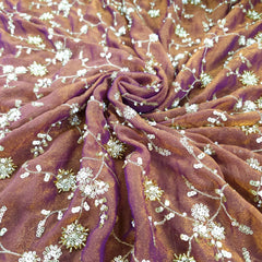 Mirha Hand Embroidered Brown Organza Shimmer Tissue with intricate Floral Sequin Embroidery