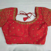 Embroidered Orange Raw Silk Blouse with Round Neckline