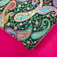 Dark Green Crepe Base Fabric with Multicolor Embroidery & Zari, Sequin work