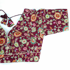 Embroidered Wine Blouse with Half Sleeves and V Neckline