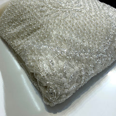 Ivory Embroidered Net Fabric with Heavy Sequins, Beads & Pearl Work