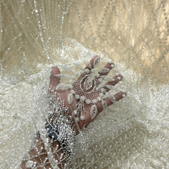 Ivory Embroidered Net Fabric with Heavy Sequins, Beads & Pearl Work