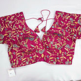Embroidered Rani Pink Silk Brocade Blouse with Curvy V Neckline