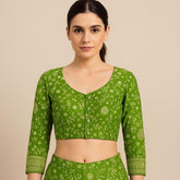 Zarmina Banarasi Brocade Parrot Green Color Blouse with Round Neckline
