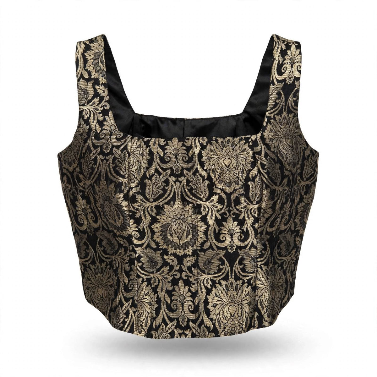 Designer Readymade Corset on Black Brocade Woven with Gold zari