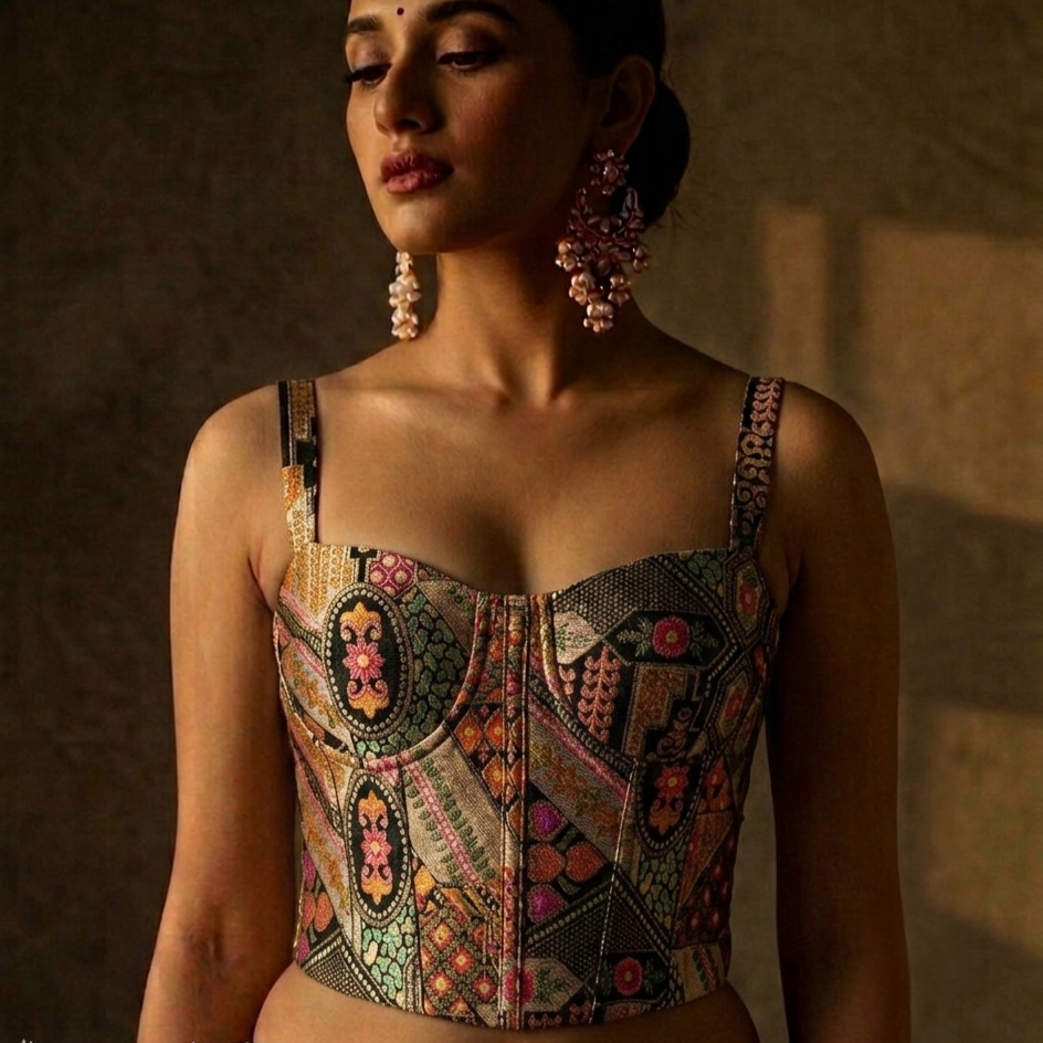 Designer Readymade Corset on Black Brocade Fabric