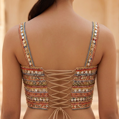 Designer Readymade Corset on Multi-color Embroidered Net Fabric with Mirror Work