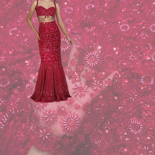 Red Embroidered on Red Net Fabric with Cutdana & Sequin Work 2992