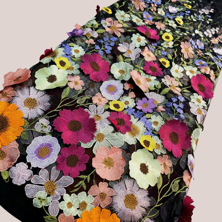 Multicolor Floral Applique Work on Black Net Fabric