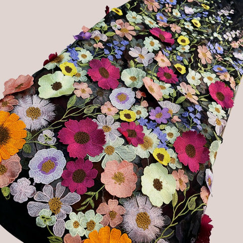 Multicolor Floral Applique Work on Black Net Fabric