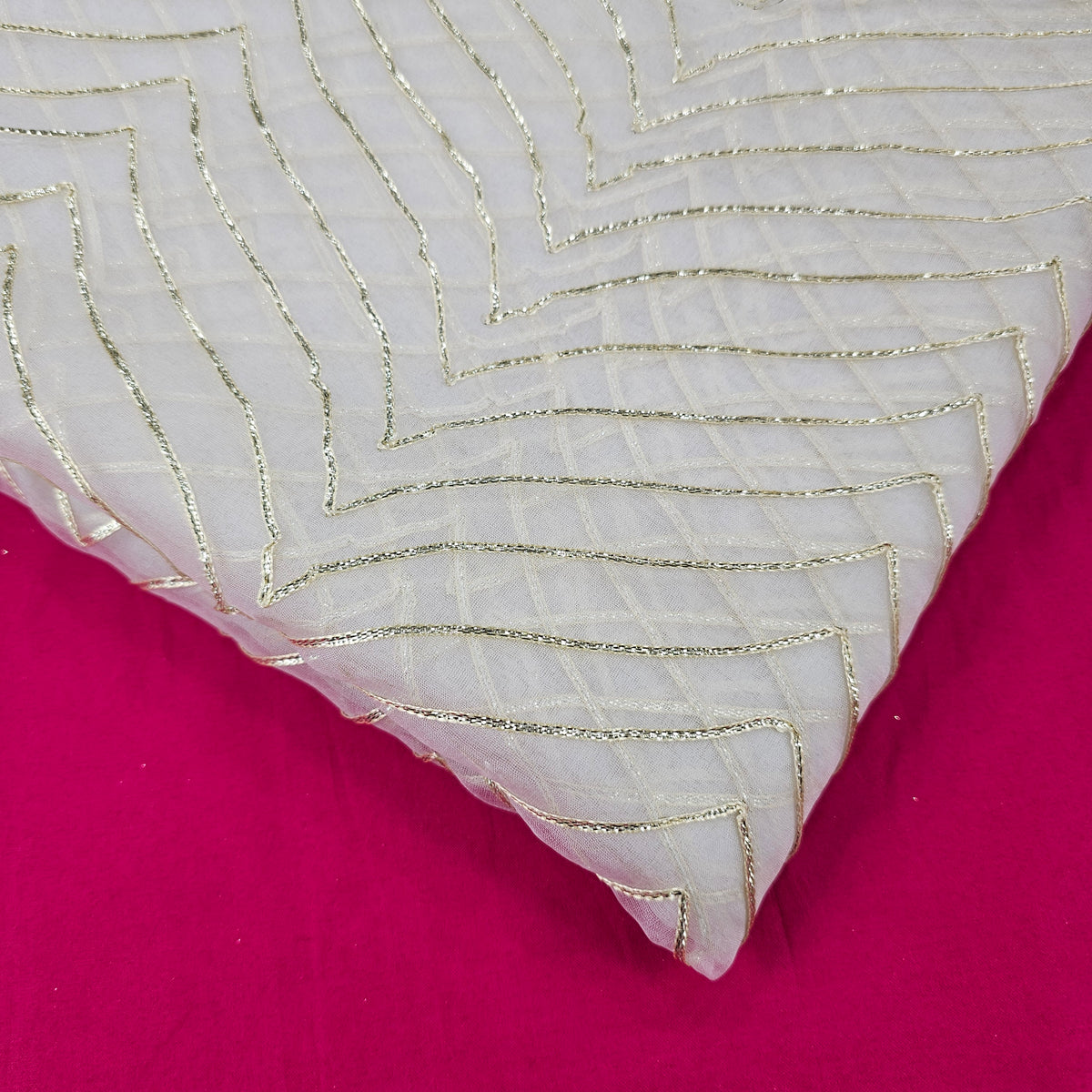 Dyeable Organza Fabric with Gold Color Gota Patti work and Curvy Zig-Zag Pattern