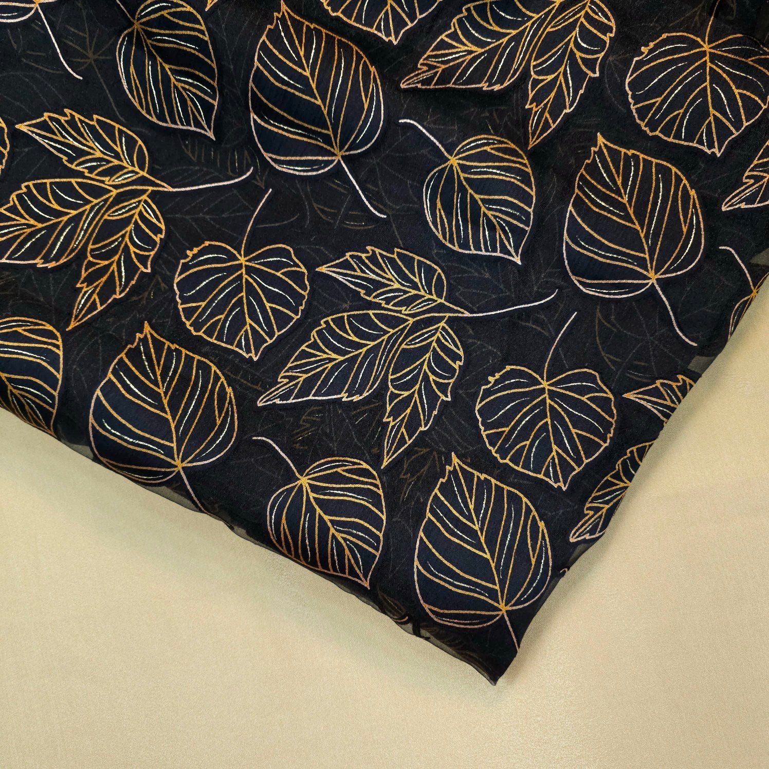 Golden Floral Digital Print on Brasso Fabric with Black Base