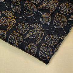 Golden Floral Digital Print on Brasso Fabric with Black Base