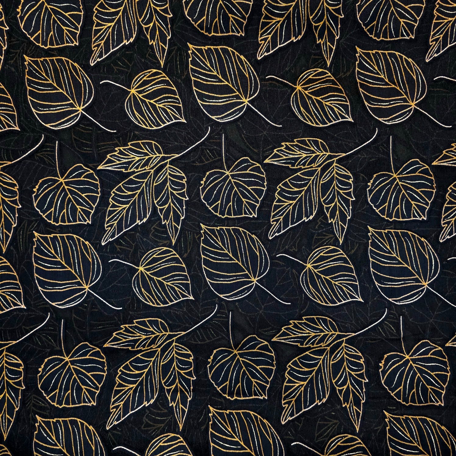 Golden Floral Digital Print on Brasso Fabric with Black Base