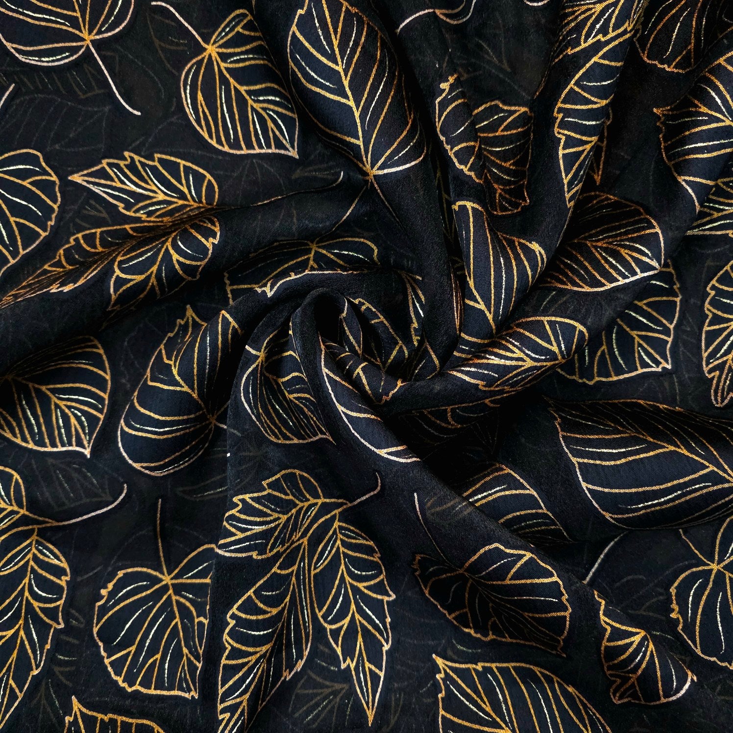 Golden Floral Digital Print on Brasso Fabric with Black Base
