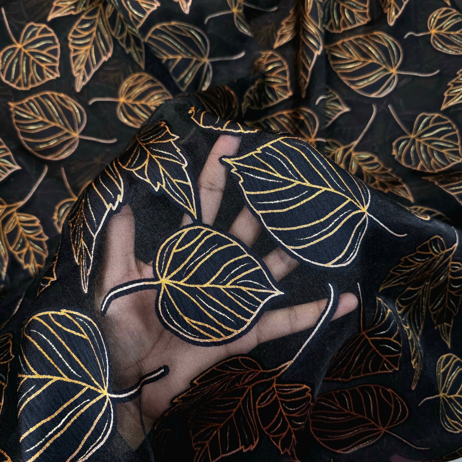 Golden Floral Digital Print on Brasso Fabric with Black Base