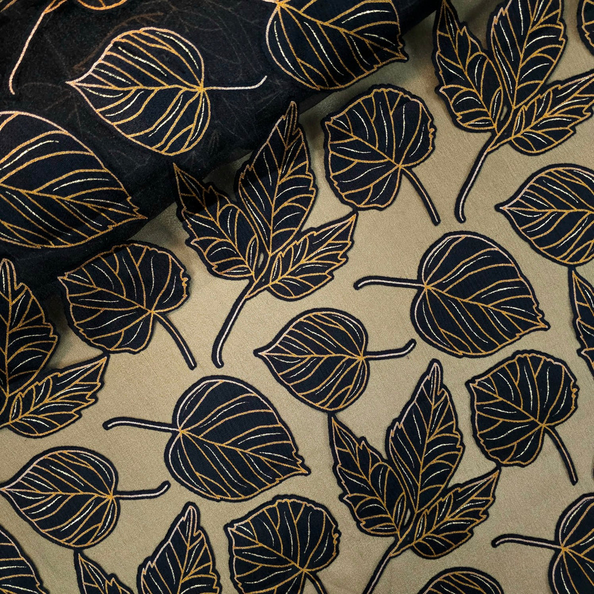 Golden Floral Digital Print on Brasso Fabric with Black Base