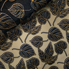 Golden Floral Digital Print on Brasso Fabric with Black Base