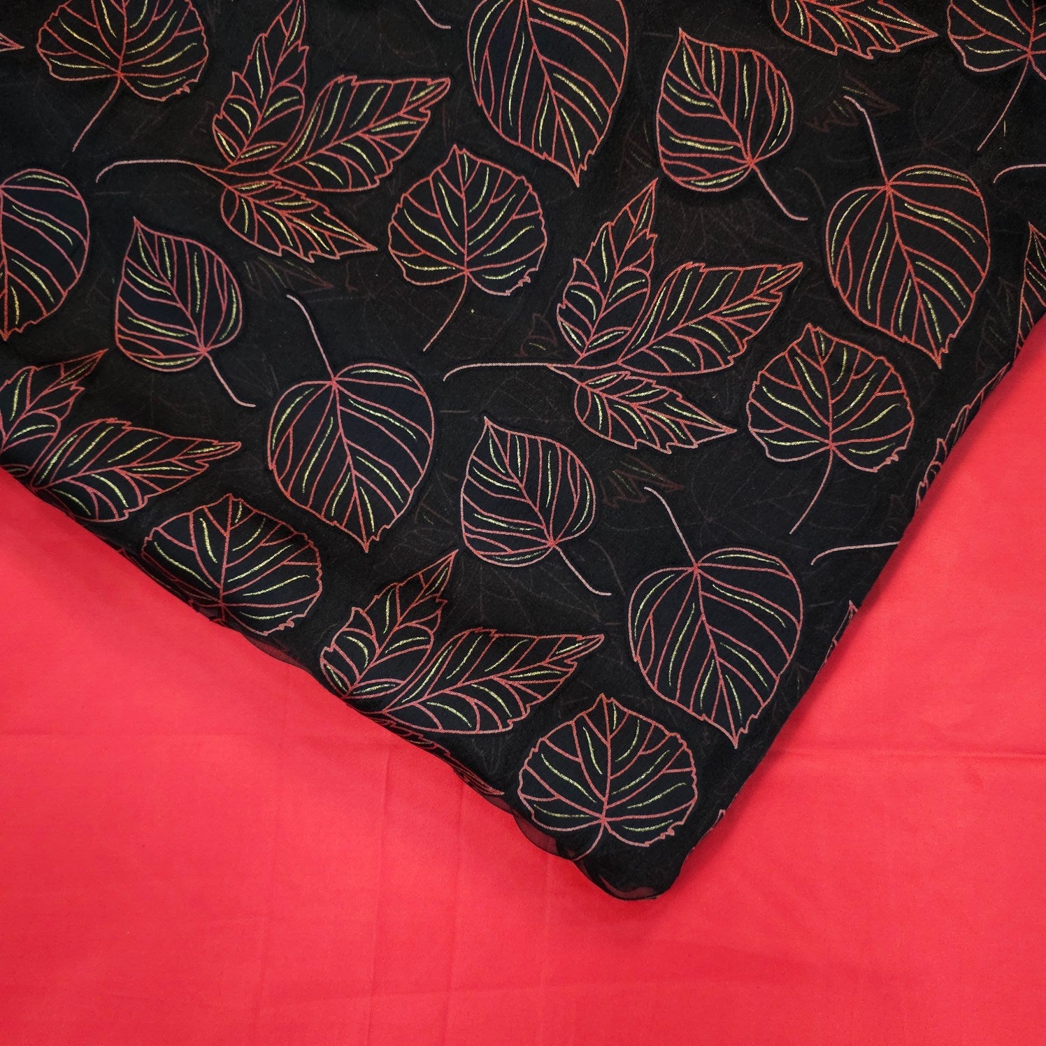 Crimson Red Floral Digital Print on Brasso Fabric with Black Base