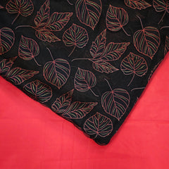 Crimson Red Floral Digital Print on Brasso Fabric with Black Base