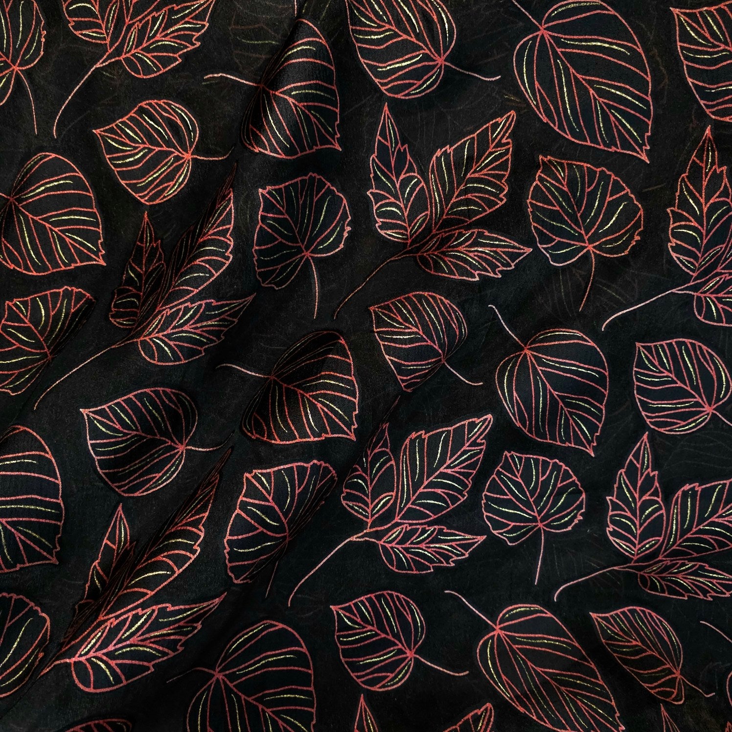 Crimson Red Floral Digital Print on Brasso Fabric with Black Base