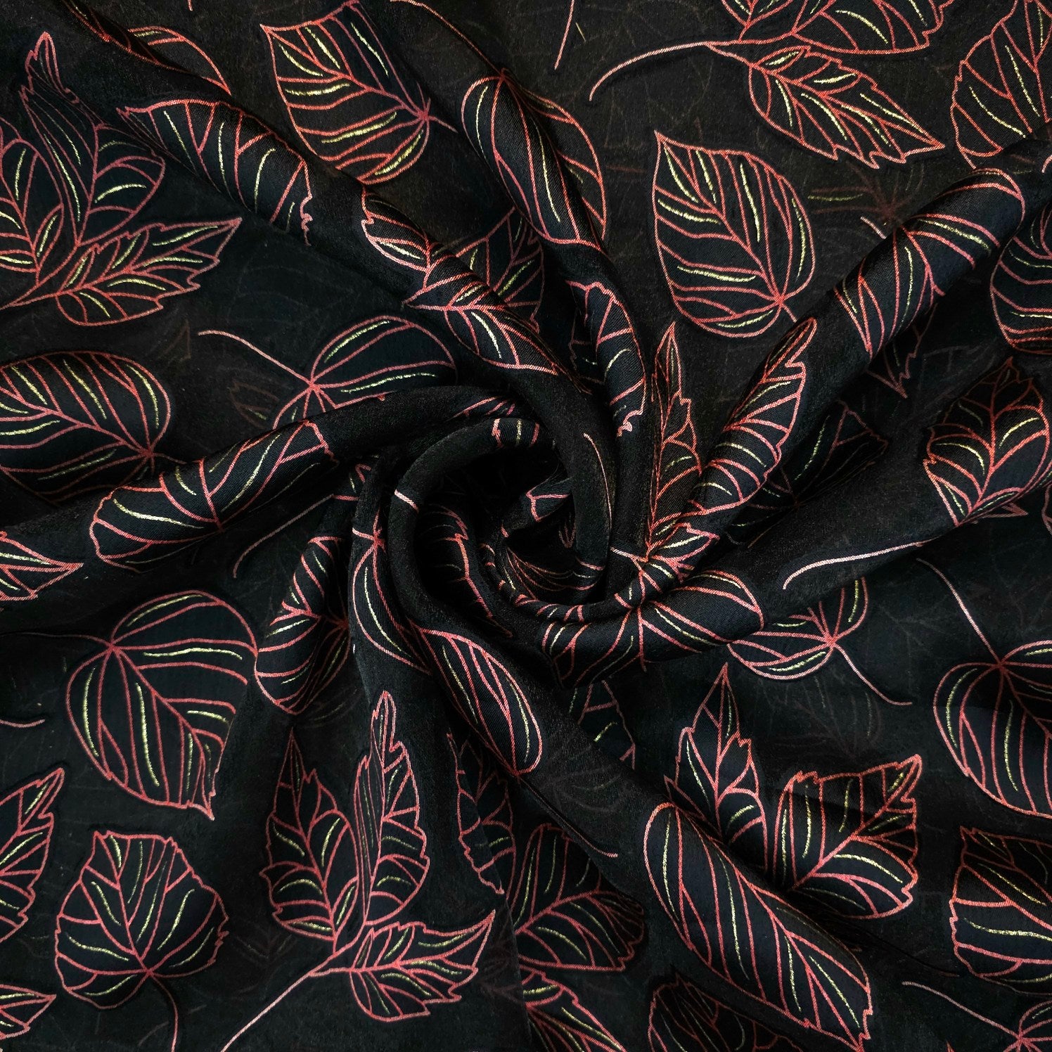 Crimson Red Floral Digital Print on Brasso Fabric with Black Base