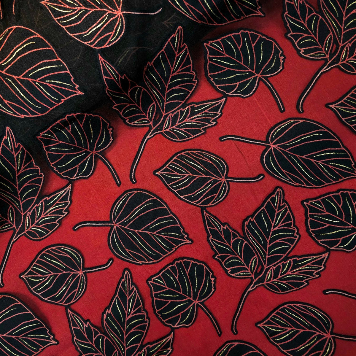 Crimson Red Floral Digital Print on Brasso Fabric with Black Base