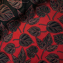 Crimson Red Floral Digital Print on Brasso Fabric with Black Base