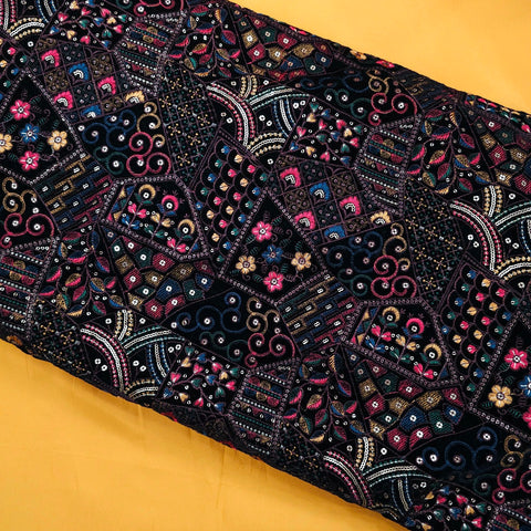 Reshmi Black Velvet Fabric with Sequins and Floral Work