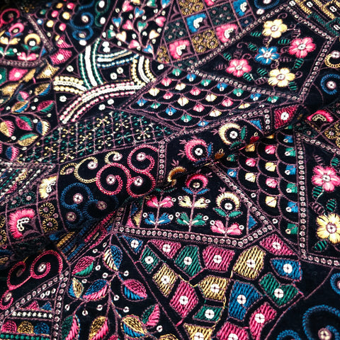 Reshmi Black Velvet Fabric with Sequins and Floral Work