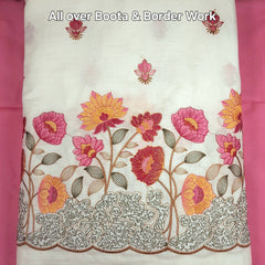 Barkha Embroidered Cotton Fabric on White Base with Yellow and Pink Floral Threadwork